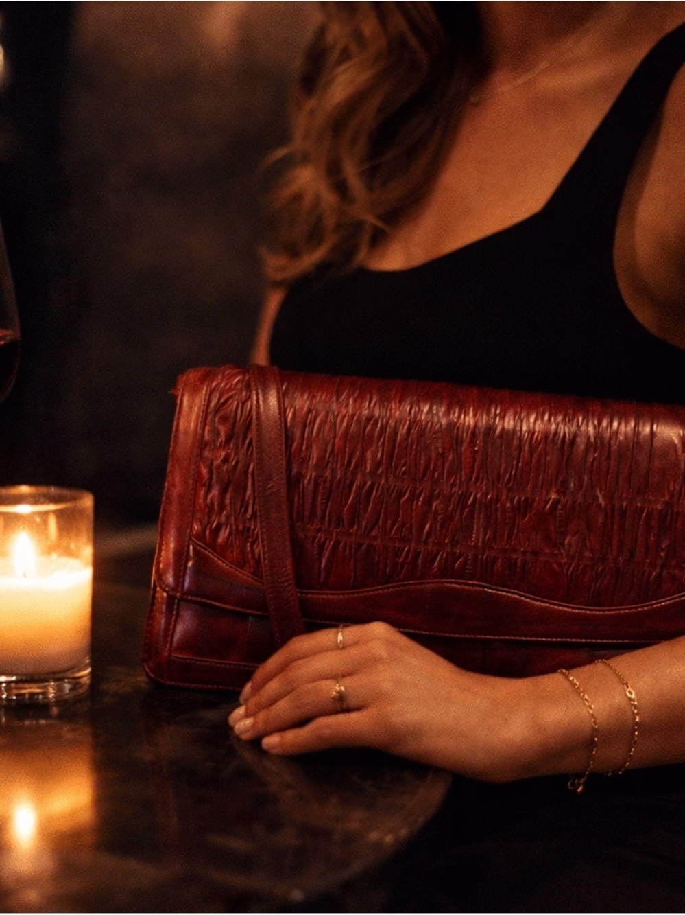Vintage Eel Skin Leather Shoulder Bag | Cherry Brown Statement Purse